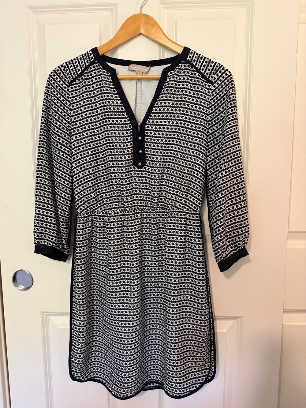 Banana Republic Navy and White Patterned Long Sleeve Dress